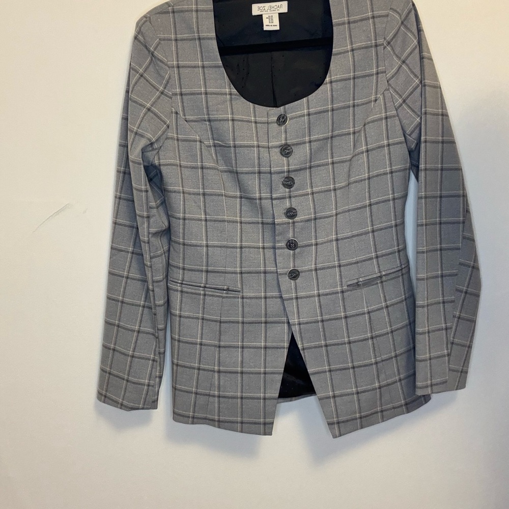 Hot Librarian Tahari Gray & Blue Windowpane Plaid Corset Waist Blazer Sz 8